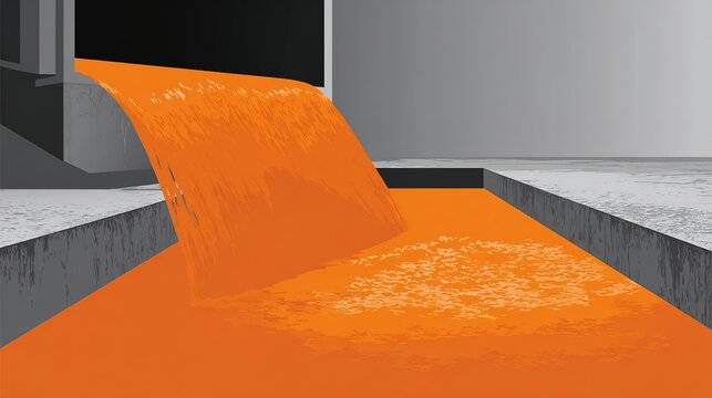 Flow of bright orange liquid from a factory outlet into a large basin during the day