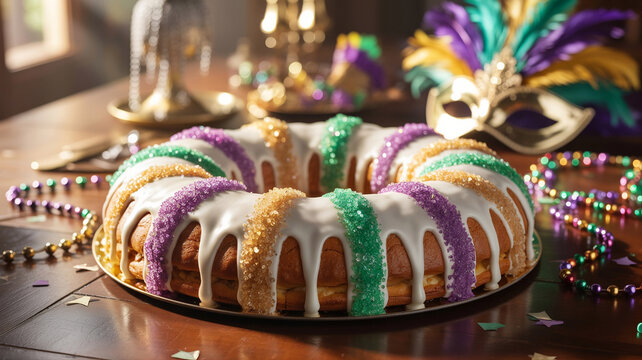 AI-generated illustration of traditional Mardi Gras king cake with colorful icing and festive beads on table, celebration dessert concept, carnival season and cultural food tradition