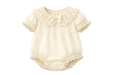 Obraz premium Cream baby romper featuring delicate lace collar and bow, vintage style infant bodysuit with short puffy sleeves