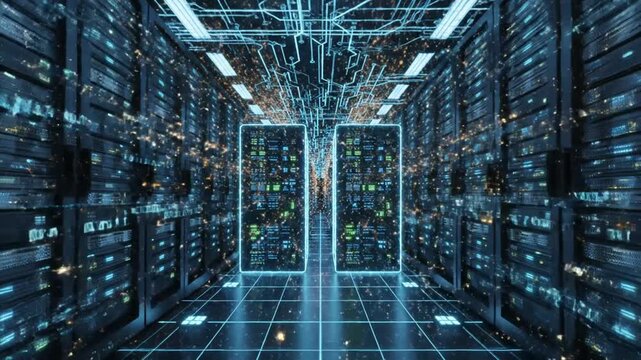 A futuristic data center with rows of servers and a central gateway viewed from a low angle
