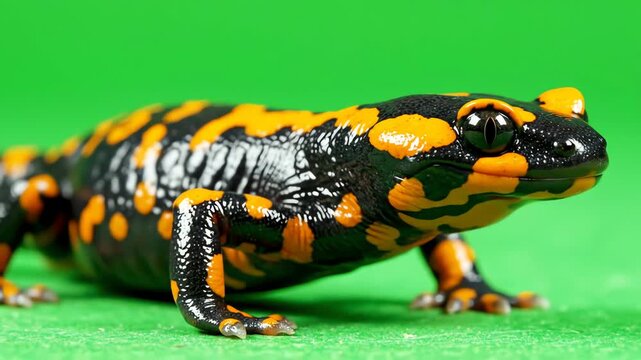 Orange and black salamander in a bright green environment
