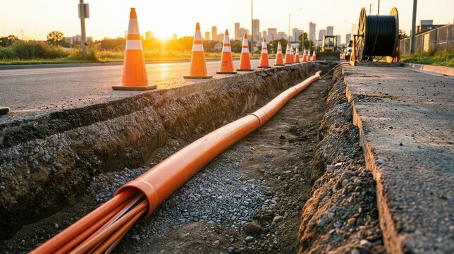 Orange pipe with cables inside laid in an open trench on a city street. Urban utility infrastructure extension for communication network.