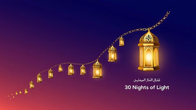 Illuminated traditional Islamic lanterns strung on a chain against a gradient twilight sky