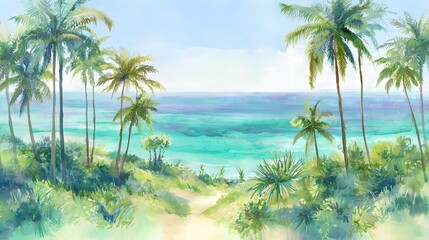 Fototapeta premium Serene tropical coastline watercolor illustration vibrant palm trees turquoise sea soft sunlight highlights sand
