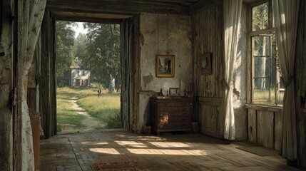 View through a rustic doorway to a remote house with a grassy path.