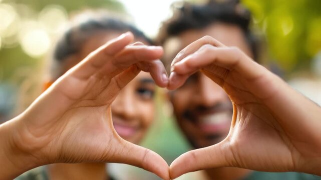 Close-up of two hands forming a heart, with the faces of a happy Indian young woman and man in the blurred background. The concept of a young family, love and romance