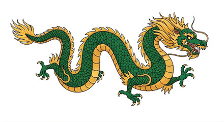 Obraz premium Green Chinese Dragon Traditional Illustration Isolated on White Background