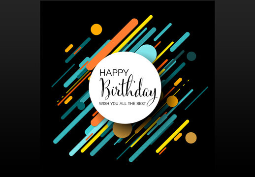 Modern Happy Birthday Greeting Card Template, with Abstract Colorful Geometric Lines