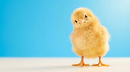 Fototapeta premium Adorable fluffy yellow chick standing on a white surface with a vibrant blue background.
