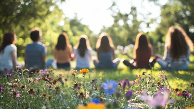 Video Group of people relaxing in a vibrant flower field, perfect for lifestyle or celebration