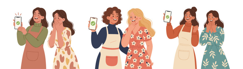 Set of Women reacting to good news on smartphones with surprise