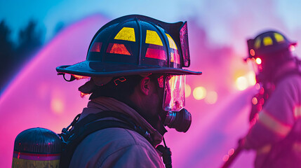 Close-up of brave firefighter in reflective helmet and respirator, actively working during night emergency, illuminated by striking magenta light stream and bokeh effects, representing valor and resil