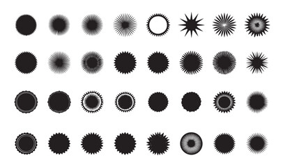 Collection of various black starburst shapes on white background
