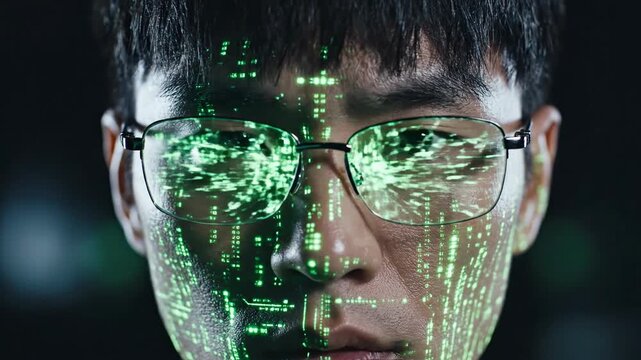 Asian man with green digital matrix overlay for high tech futuristic concept