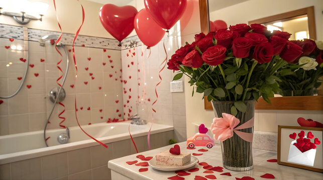 Romantic Valentine&rsquo;s Day bathroom setup with red balloons, roses, heart confetti, and love-themed decor, ideal for holiday celebration promotions, romance blogs, event planning ads, hotel marketing