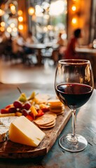 Fototapeta premium Inviting wine and cheese board creates a warm premium dining experience lifestyle photography