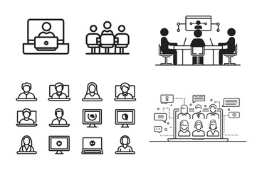 Collection of icons representing online meetings and video conferencing
