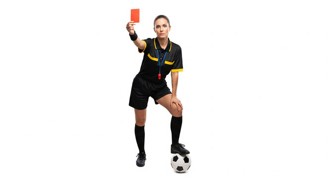 Female referee with red card and soccer ball isolated on white background