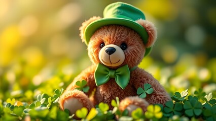 cute st. patrick's day teddy bear with green leprechaun hat and a bow tie surrounded by floating shamrocks
