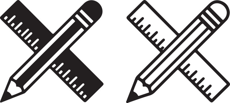 A pair of crossed drafting tools a ruler and pencil are illustrated in black and white appearing twice