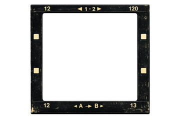 Obraz premium Vintage 120mm medium format film frame with sprockets and numbers, analogue photography concept, transparent background