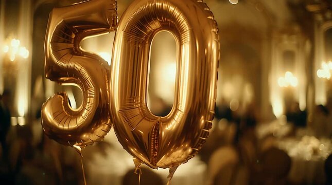 Golden 50th Anniversary Celebration Balloons in Elegant Ballroom horizontal video