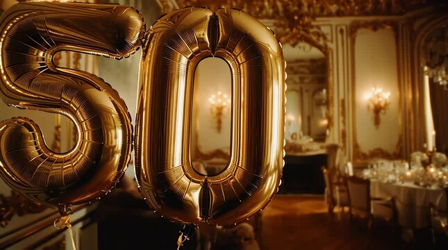 Golden 50th Anniversary Celebration in Luxurious Ballroom horizontal video