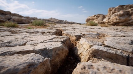 Obraz premium Close up of a cracked dry rock surface with deep fissures set in an arid natural landscape under a clear sky