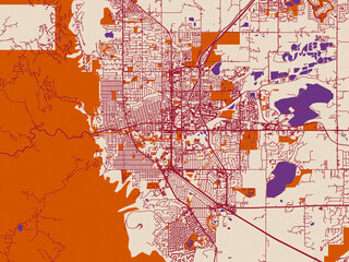Naklejka premium Urban map poster of Boulder, Colorado with soft cream background with burgundy street lines, warm terracotta land blocks and muted violet water
