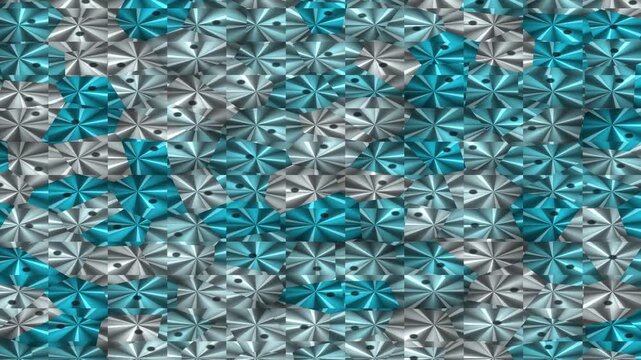 A seamless geometric pattern of star-like rosettes in metallic silver and turquoise tessellated