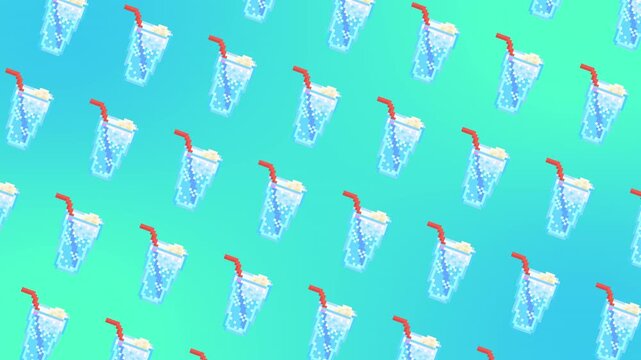 Pixel Art Sparkling Water Diagonal Scrolling Loop - 8-bit Retro Summer Drink Pattern with Blue Gradient