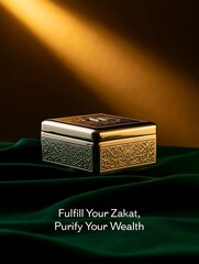 Ornate golden Islamic zakat box placed on plush green fabric with dramatic lighting