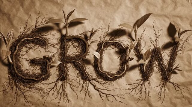 Artistic Representation of the Word "Grow" Made from Roots on Natural Background