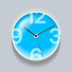 Simple clock in realistic flat style, with arrow and big numbers. Watch on gray background. Business time. Vector design element for you project