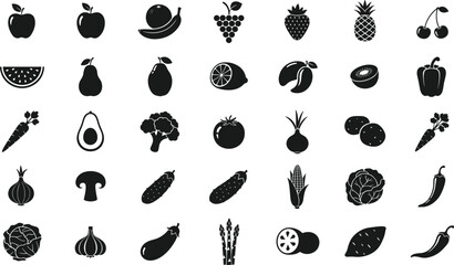 Variety of fresh fruits and vegetables in black silhouette icons
