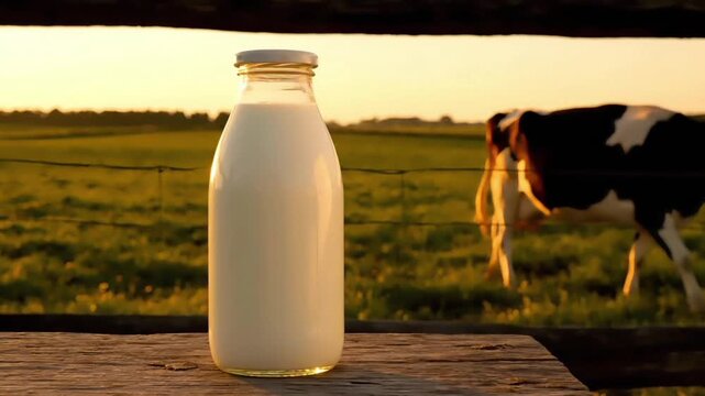 Glass bottle of milk on a wooden table with a cow grazing in a green field at sunset.