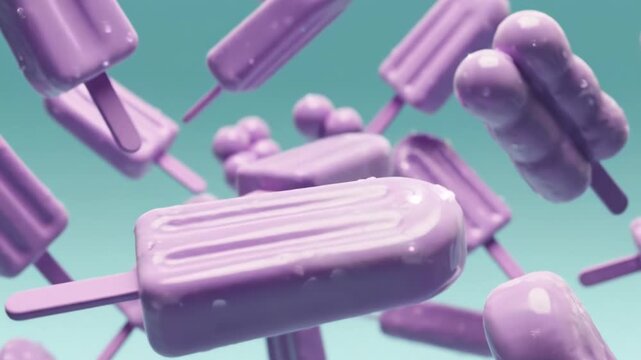 Vibrant purple ice cream popsicles floating against a gradient teal background 4k video