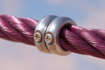 Purple steel cable connecting metal clamps with screws