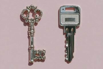 Old decorative skeleton key and modern key demonstrating evolution