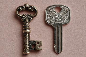Old vintage skeleton key contrasting modern house key