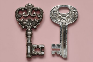 Two antique ornate skeleton keys on pink background