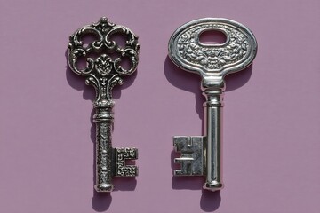 Pair of ornate vintage silver skeleton keys on mauve background