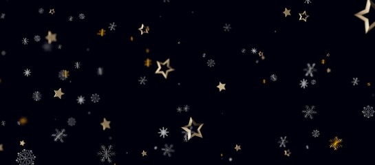 Fototapeta premium Abstract design with golden stars and snowflakes in motion on a dark blue background. Perfect for Christmas or