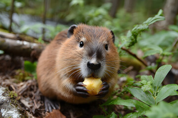 Beaver holds food while sitting among plants in a forest setting during daylight hours