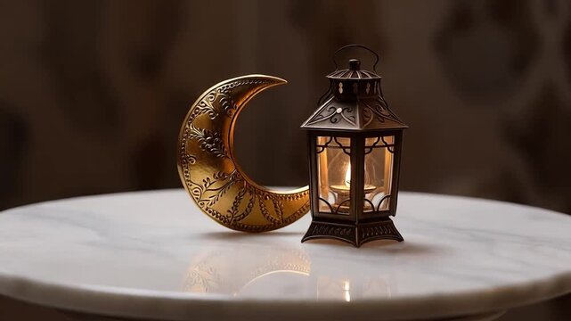 Golden crescent moon and lantern on marble table with blurred background