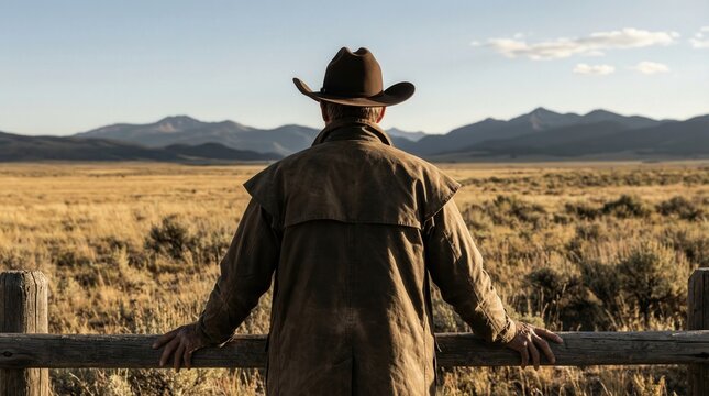Man wearing a cowboy hat and brown jacket leans against a wooden fence, gazing at expansive grassland and distant mountains under a clear sky during golden hour in a rural western setting