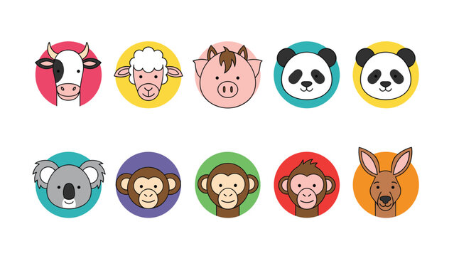 Set of ten cute animal face icons representing different species like cows, pigs, monkeys, and pandas in colorful circles.