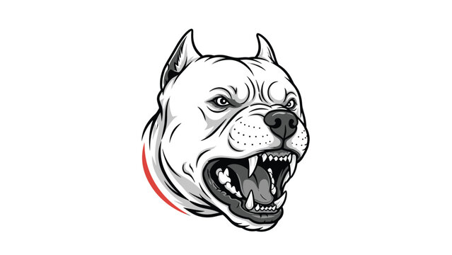 Fierce and aggressive white pitbull dog head mascot with an open mouth showing sharp teeth and a red collar on white.