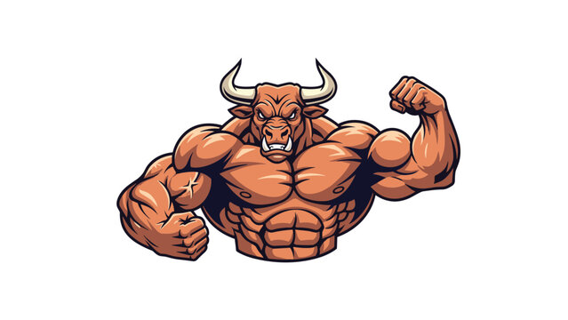 Fearsome muscular bull mascot flexing its massive bicep and chest muscles in a powerful and dynamic gym workout pose.