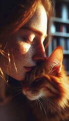 An intimate close-up of a woman with a cat, Ai generated image